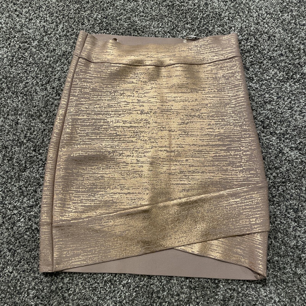 Womens BCBG MAXAZRIA Body Con Rose Gold Foil Mini Skirt size Small